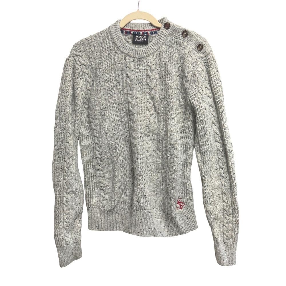 Scotch & Soda Cable Knit Button Shoulder Grey Sweater Wool Blend Large‎